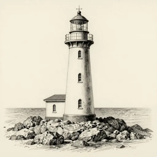 Graphite pencil drawing of a lighthouse on a rocky outcrop on cream paper