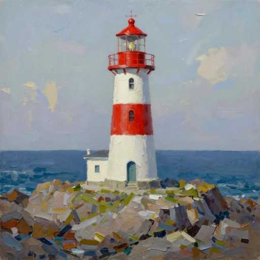Oil painting of a lighthouse with visible thick brushstrokes in the rocks and sea
