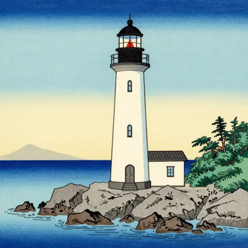 Ukiyo-e style woodblock print of a lighthouse with flat colour bands and outlined rocks