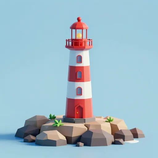 Low polygon 3D render of a red and white lighthouse on faceted grey rocks