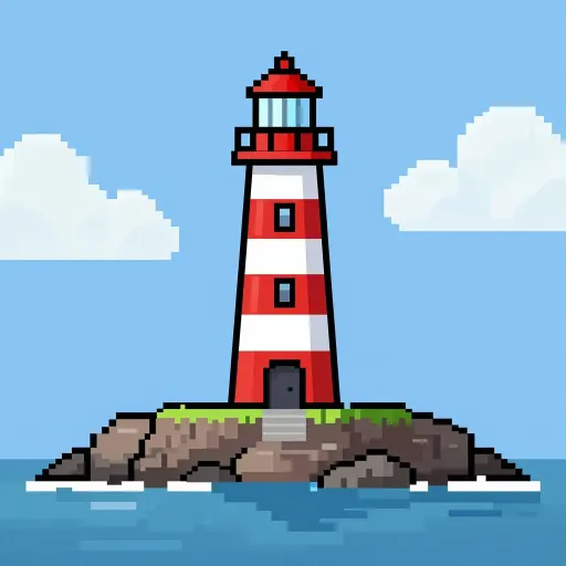 Pixel art lighthouse with blocky clouds and a stepped rock base