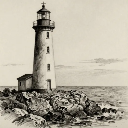 Charcoal drawing of a lighthouse with smudged tonal rocks in the foreground