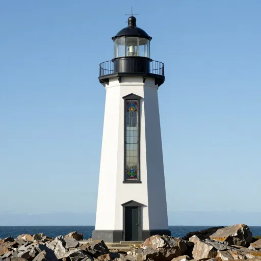 Photograph of a white lighthouse that has a stained glass window set into its side