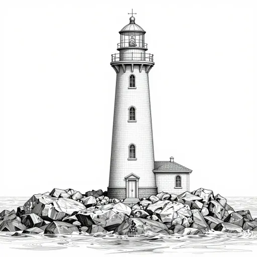 Fine line drawing of a lighthouse in black on white with no colour or annotation