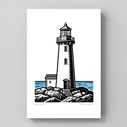 Black and white linocut style print of a lighthouse shown as a sheet on a grey surface