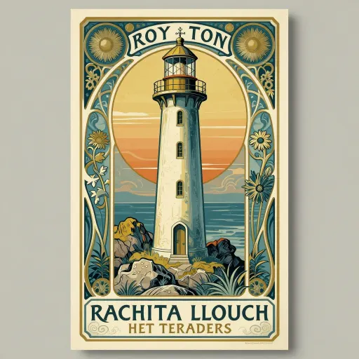 Art nouveau poster of a lighthouse framed by stylised sunflowers with decorative lettering
