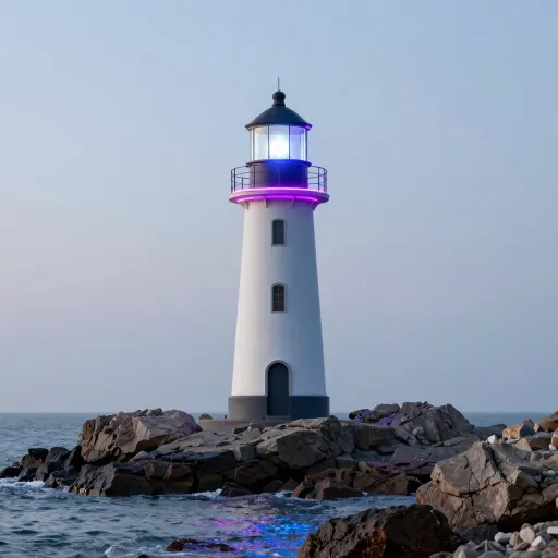 Lighthouse at dusk lit with purple and blue neon light on wet rocks