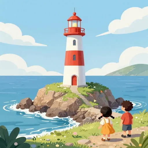 Illustrated lighthouse on a green headland with two children looking at it from a path