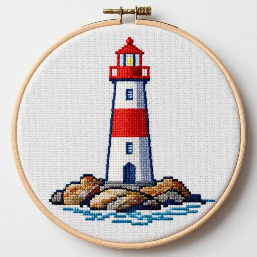Cross stitch lighthouse worked on white aida cloth in a wooden embroidery hoop