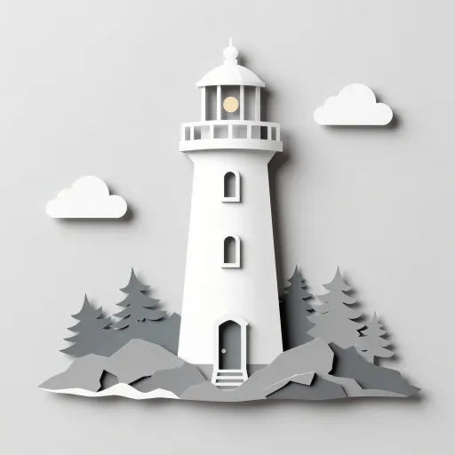 Layered white papercut lighthouse with cut paper clouds and trees