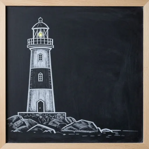 White chalk drawing of a lighthouse on a framed blackboard