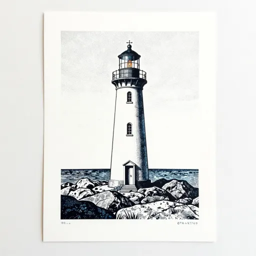 Grainy halftone print of a lighthouse on white paper