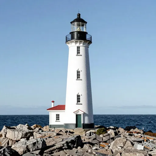 Photograph of a white lighthouse on rocks by the sea in daylight