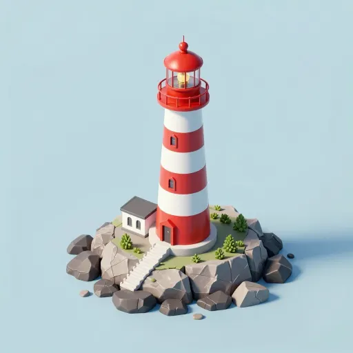 Isometric 3D diorama of a lighthouse on a small circular rocky island