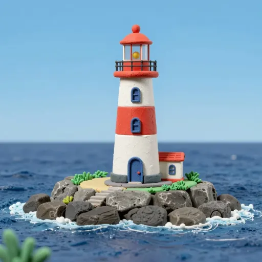 Clay model lighthouse on a small island with modelled rocks and water