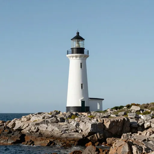 Photograph of a white lighthouse on a rocky shore under a clear sky