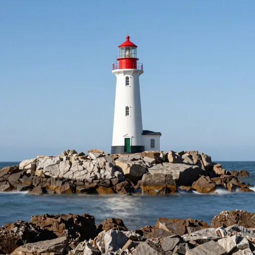 Straight photograph of a lighthouse on rocks with the sea behind