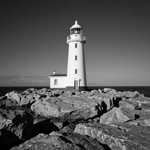 Black and white photograph of a lighthouse against a dark sky