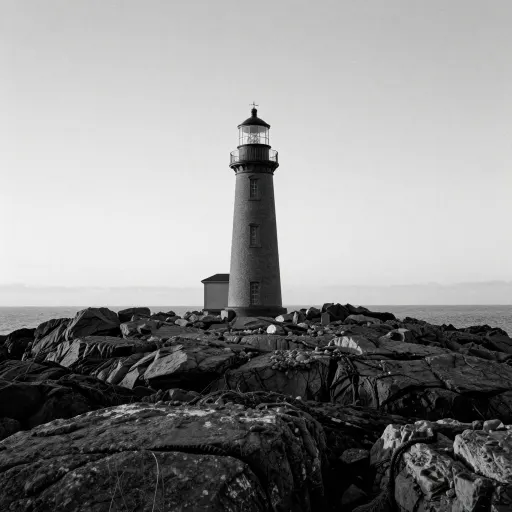 Grainy black and white photograph of a lighthouse on a rocky headland