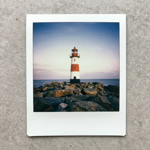 A polaroid print of a lighthouse at sunset lying on a grey concrete surface