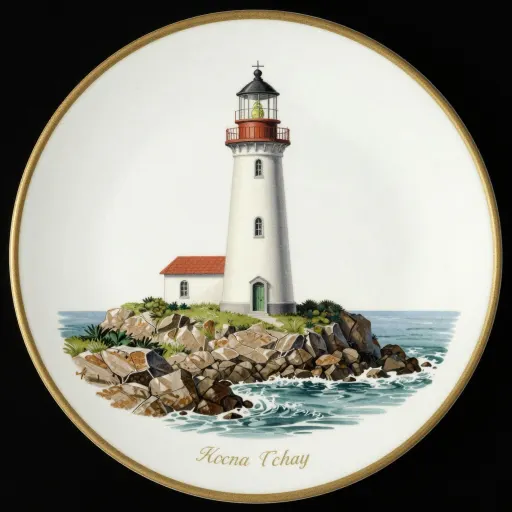 A decorative china plate painted with a lighthouse scene and gold rim