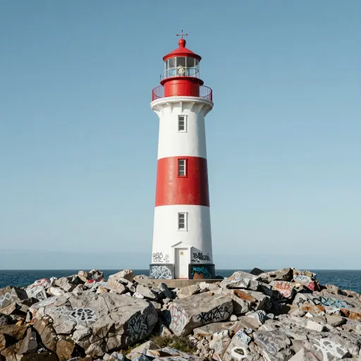 Photograph of a lighthouse with graffiti tags sprayed on the rocks around it