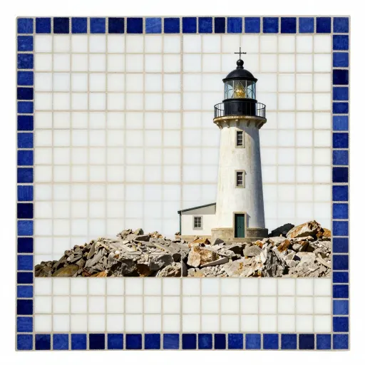 Photograph of a lighthouse set inside a blue and white tiled border