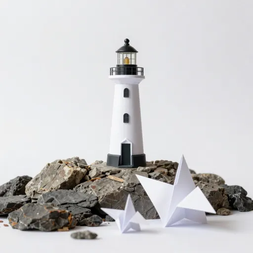 Photograph of a lighthouse with two small folded paper birds on the rocks in front of it