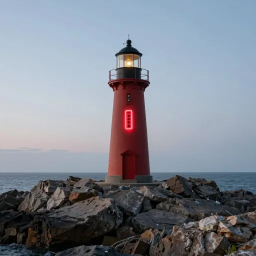Lighthouse at dusk with a red neon strip running down the tower