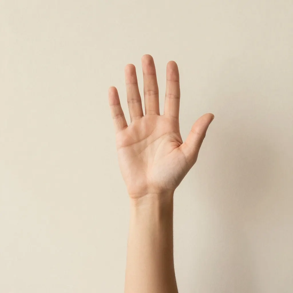 A raised hand in greeting against a plain beige wall
