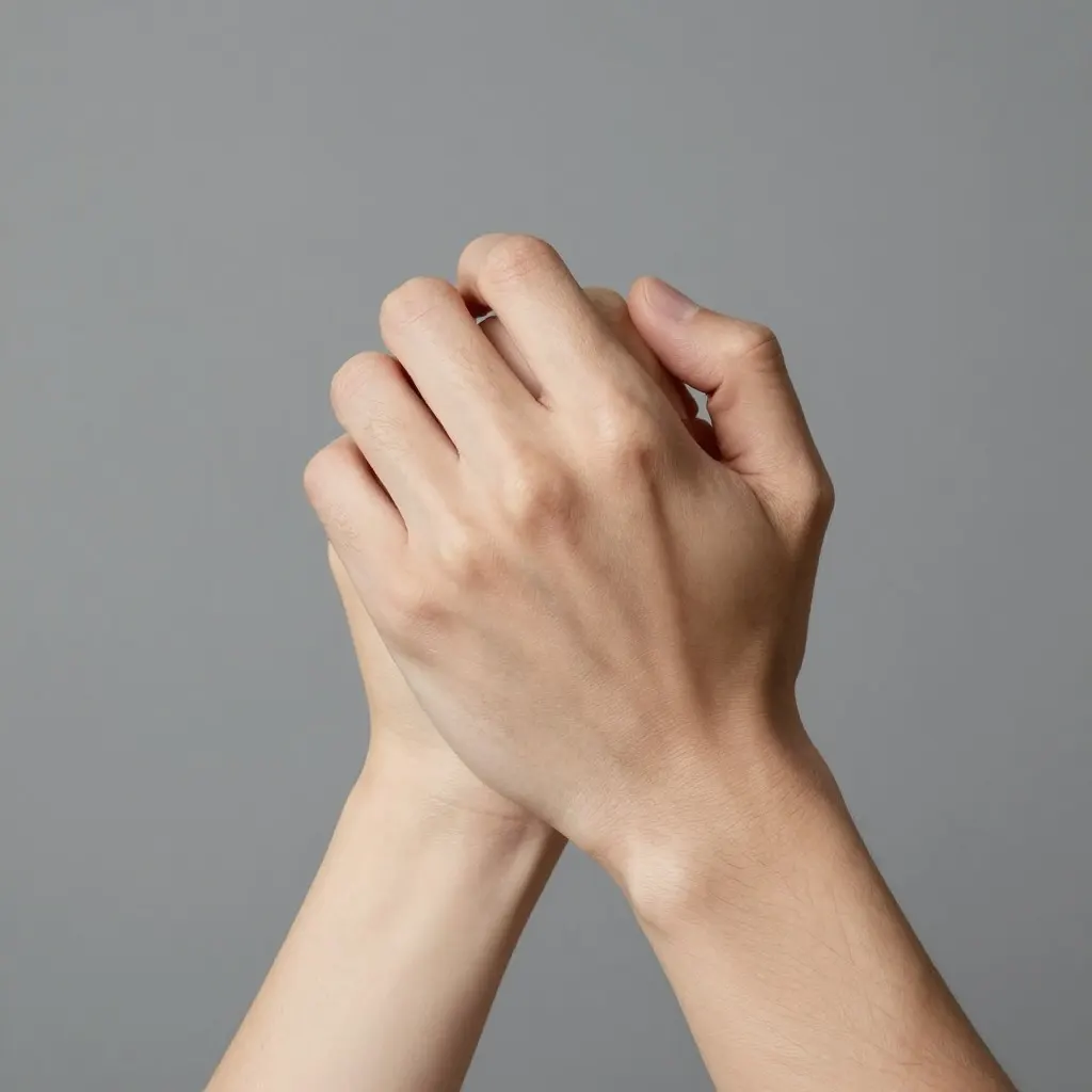 Two hands clasped together where the fingers of the upper hand merge ambiguously into the lower hand