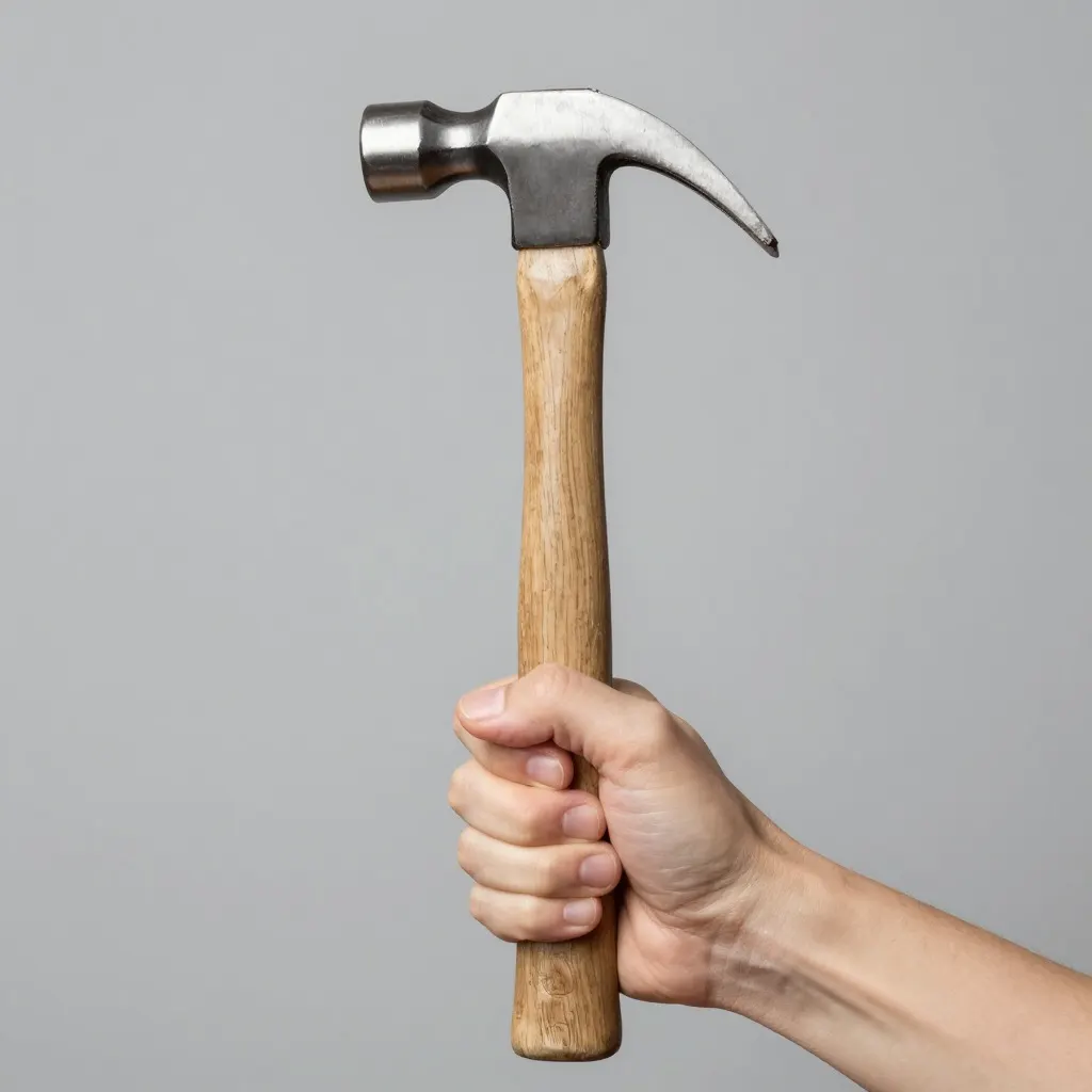 A hand gripping the wooden handle of a claw hammer against a grey background