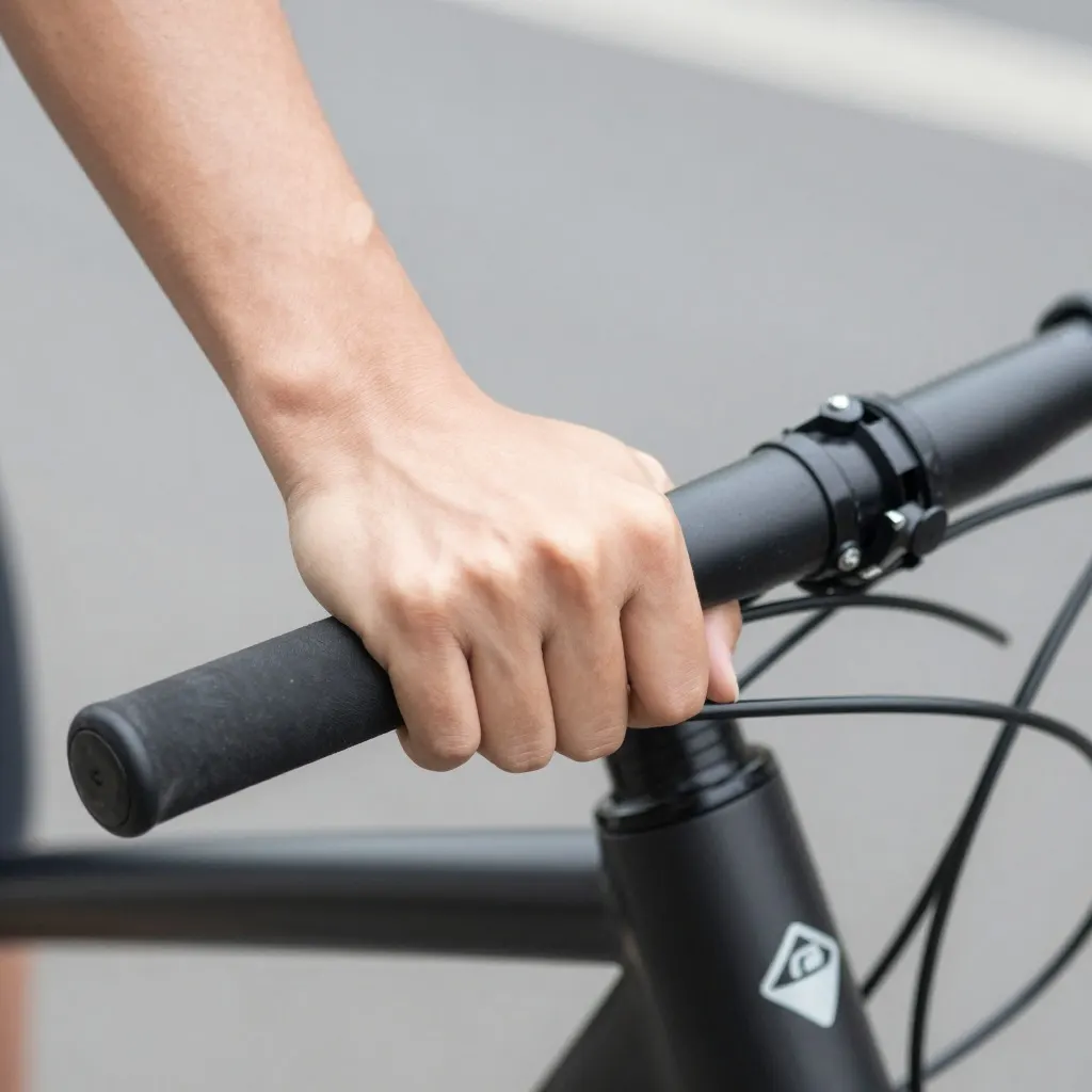 A hand gripping the black grip of a bicycle handlebar
