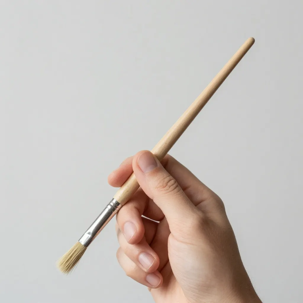 A hand holding a paintbrush between thumb and forefinger with the remaining fingers curled