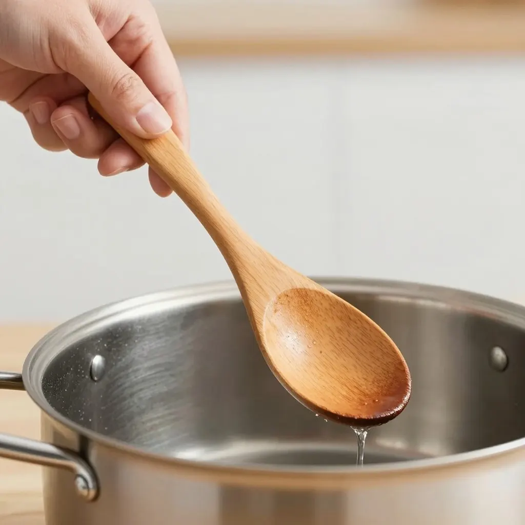A hand holding a wooden spoon above a stainless steel pot