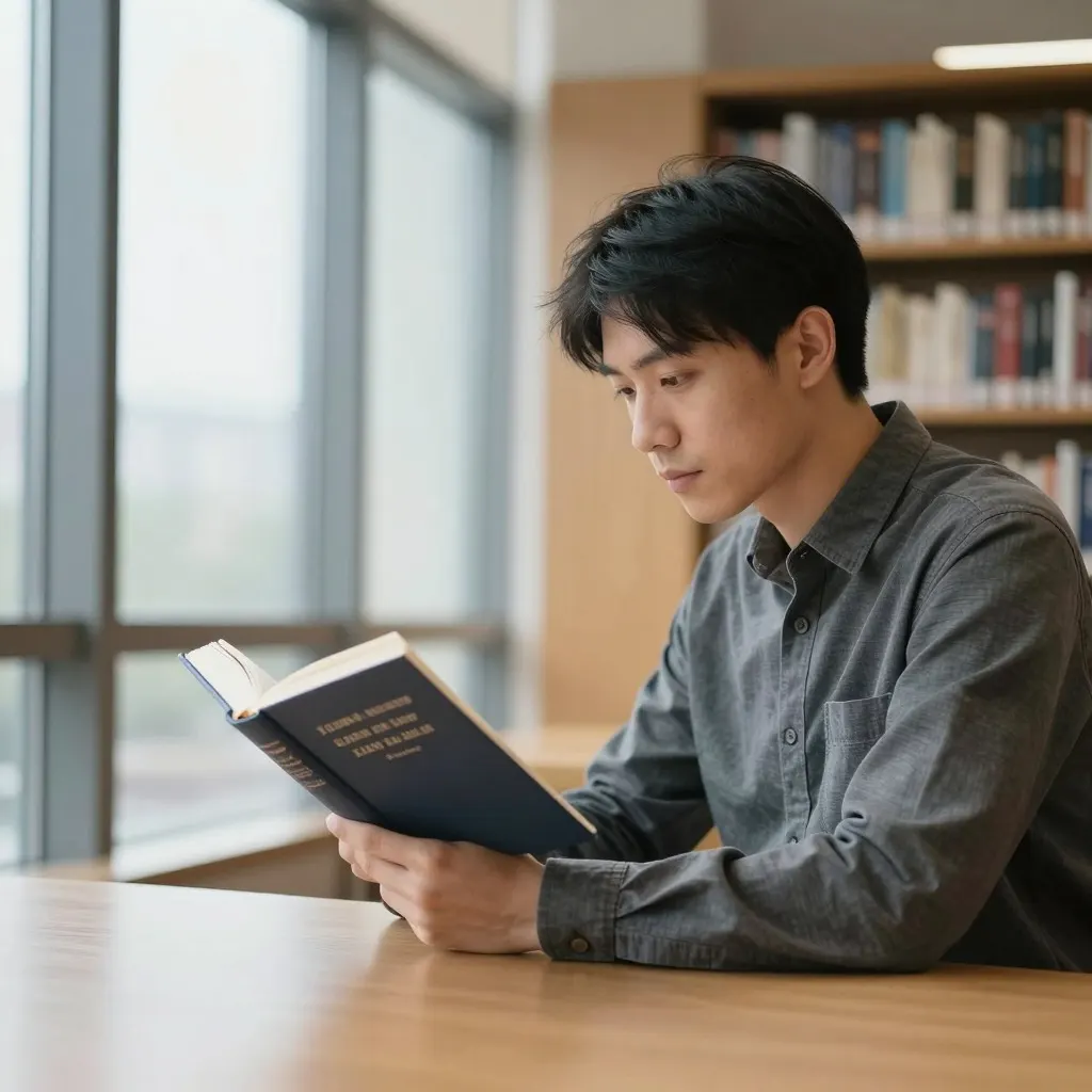 A man reading an open hardback book in a library with unreadable text on the pages