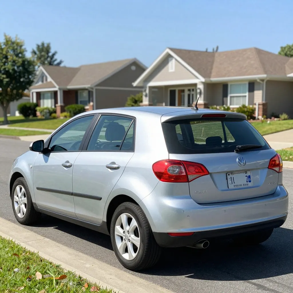 A silver hatchback parked on a suburban street with an unreadable licence plate