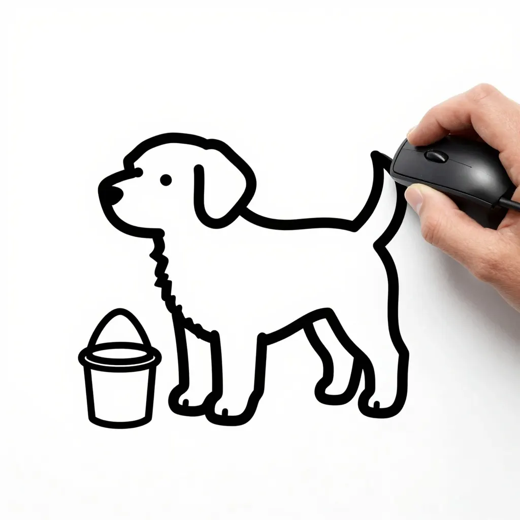 Clean black outline drawing of a dog beside a photograph of a hand holding a computer mouse