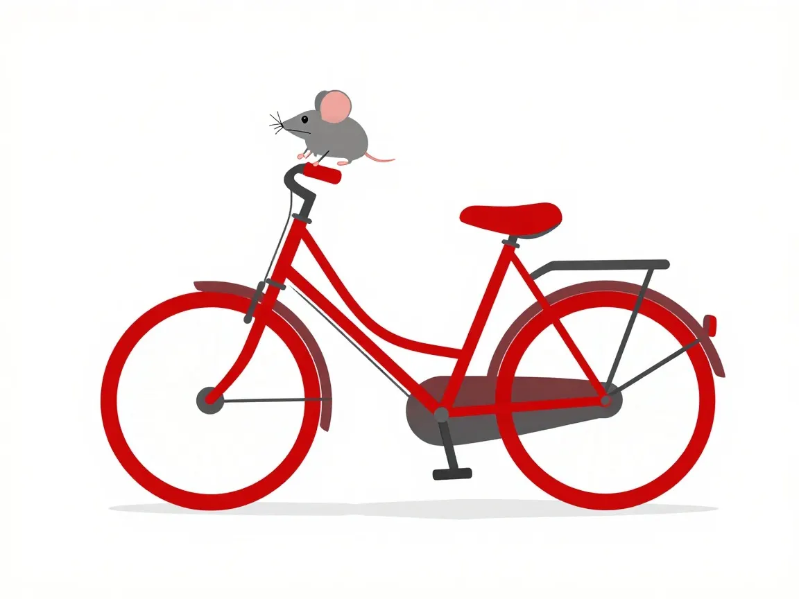 Flat vector illustration of a red bicycle with a small grey mouse sitting on the saddle