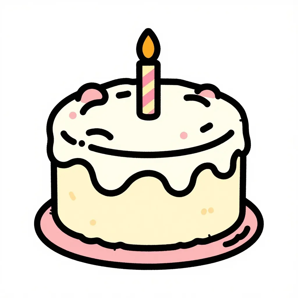 Cartoon birthday cake with a single candle, smooth outlines and pastel colours