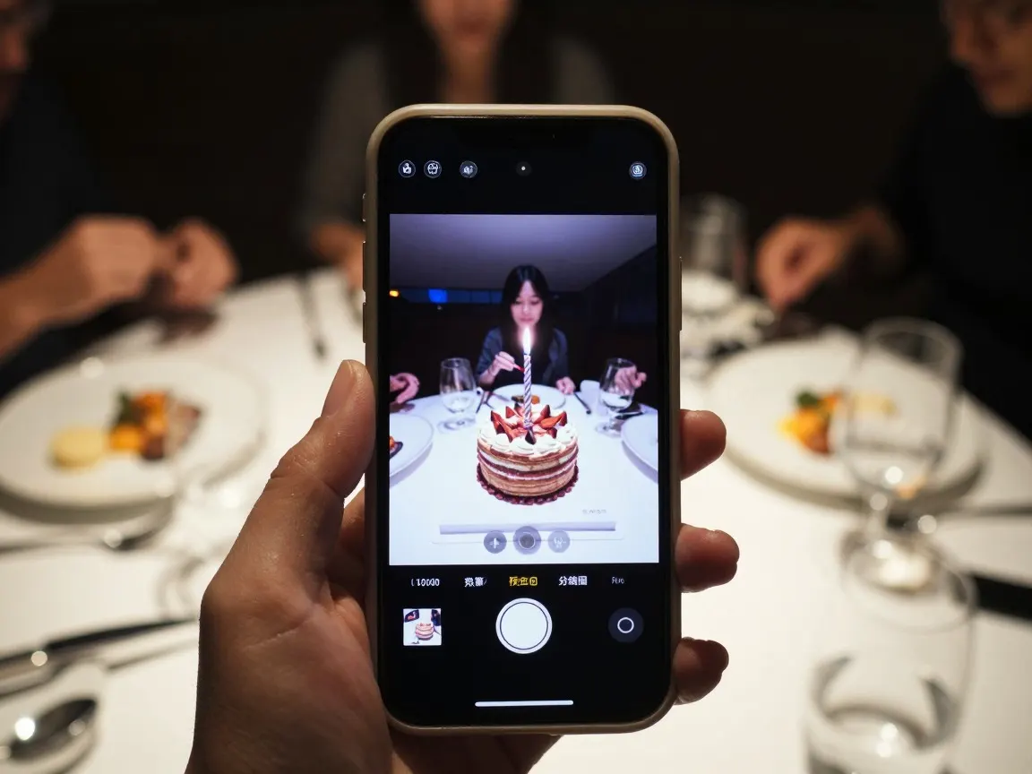Hand holding a phone that displays a woman blowing out candles on a cake at a dark dinner table