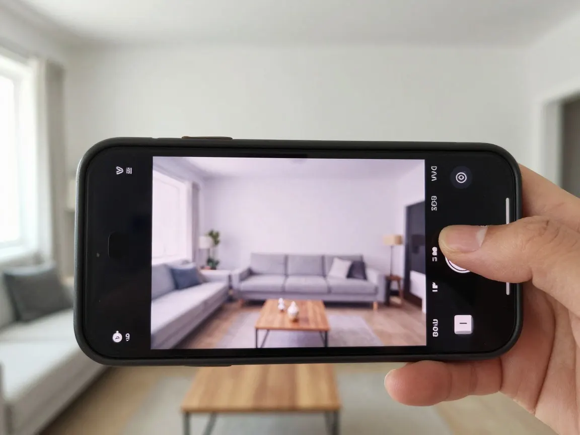 Hand holding a phone showing a bright living room with a sofa and coffee table