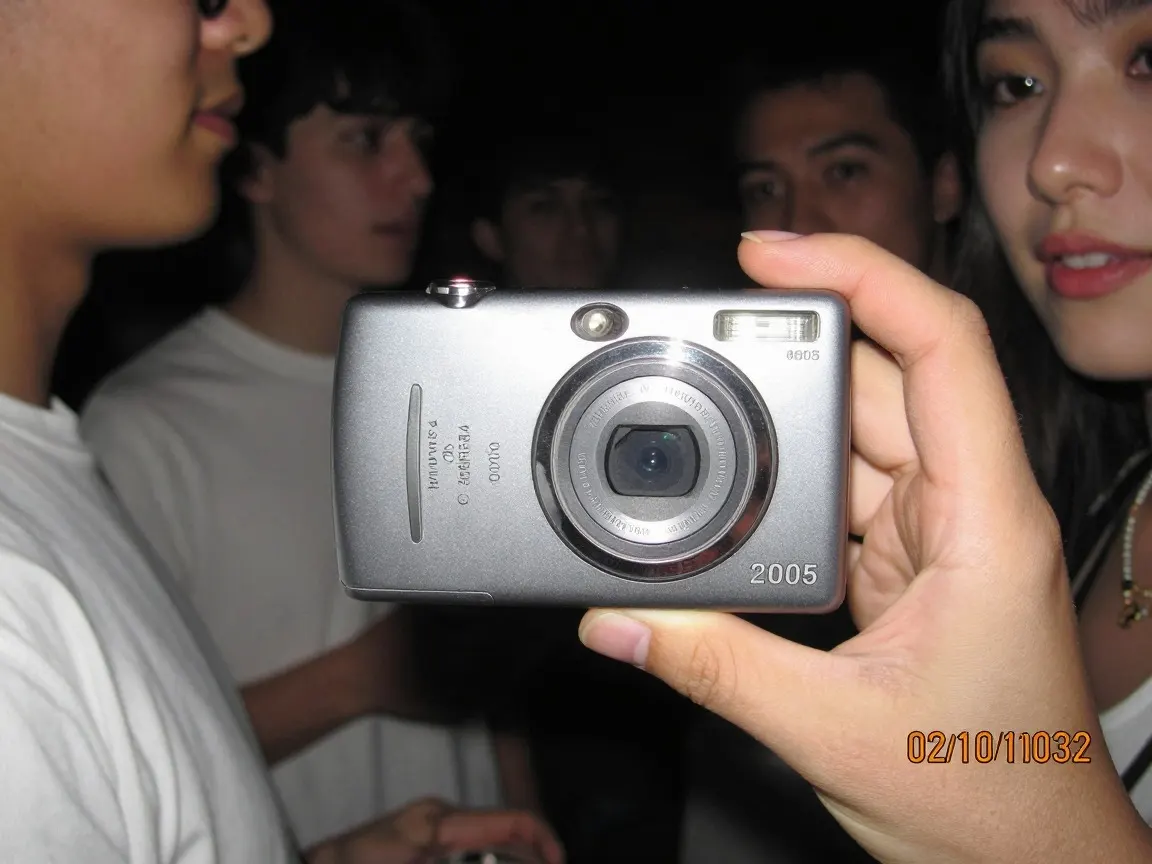 Silver compact camera held up at a dark party, faces around it lit by flash, orange date stamp in the corner