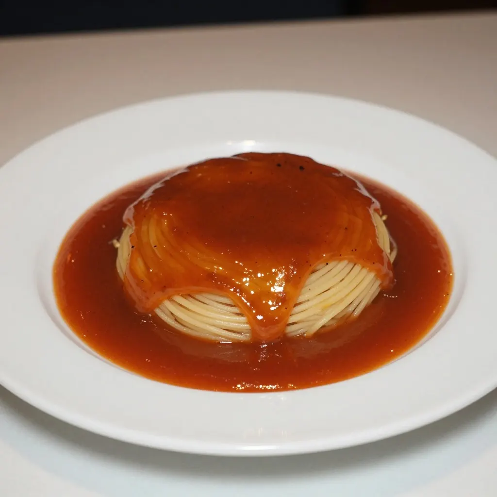 Plate of spaghetti under tomato sauce photographed with direct flash, sauce reflecting the light
