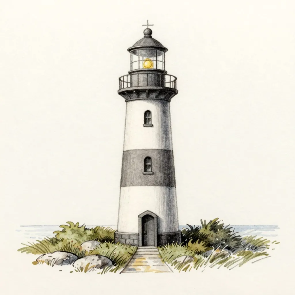 Skilled pen and watercolour drawing of a striped lighthouse with grass and rocks at its base