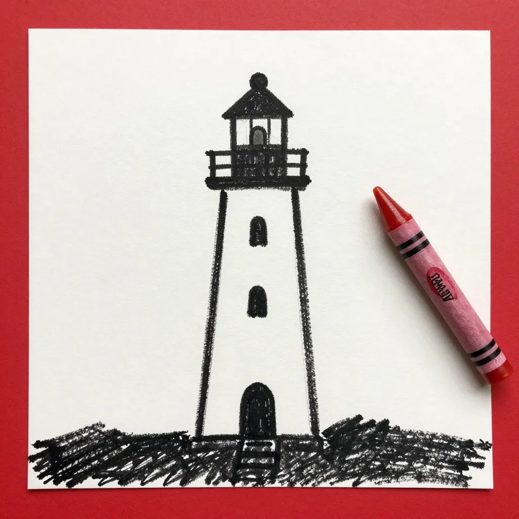Black wax crayon drawing of a lighthouse on white paper with a red crayon lying beside it