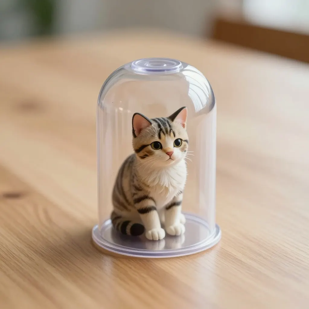 Small tabby cat figure under a clear plastic dome on a wooden table