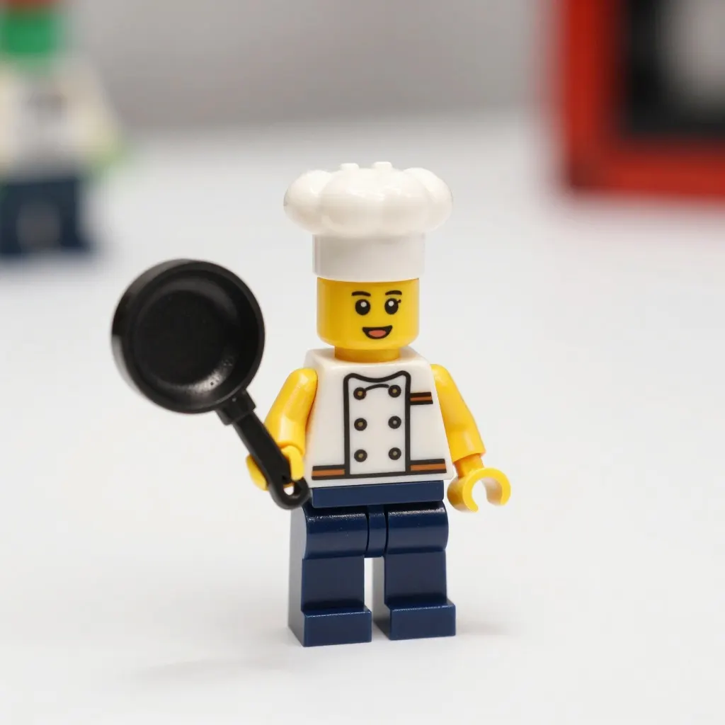 Yellow-headed brick minifigure in a chef hat holding a black frying pan on a white surface