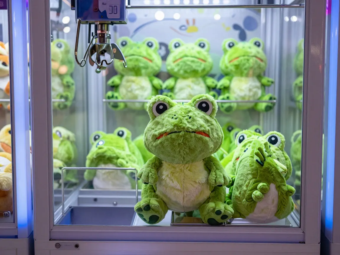 Arcade claw machine filled with green plush frogs behind glass, one pressed against the front