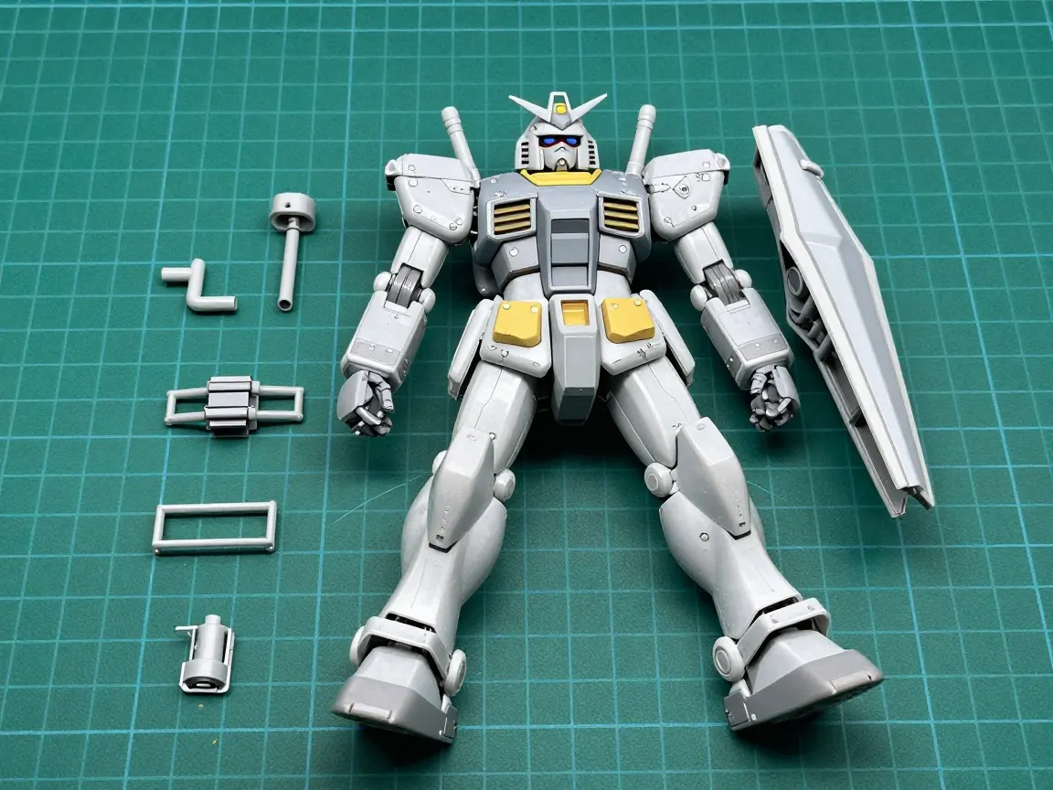 Unpainted white and grey robot model kit laid out with spare parts on a green cutting mat